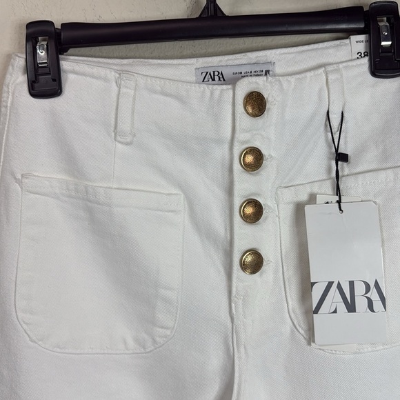 (M2)NEW Zara high-waisted, wide-leg, cropped jeans,Sz 6, with gold buttons with - Picture 3 of 14